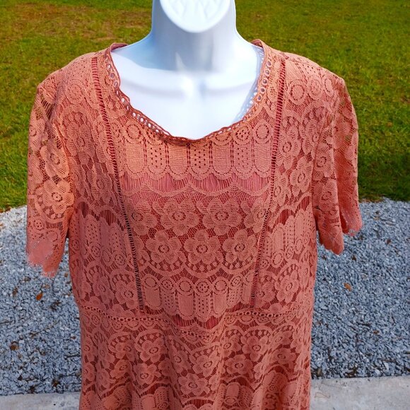 Peach Lace Short Sleeve Tunic Dress By Perch Blu Pepper 3XL With Back Zip Closur - Picture 2 of 7